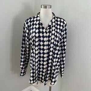 Ann Taylor Womens Large Long Sleeve Tie Neck Button Up Blouse Shirt Navy White